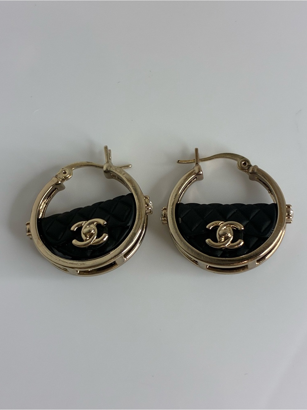 Vintage Black Quilted Leather & Gold Hoop Earrings